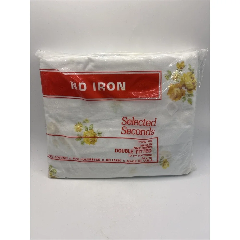 Vtg Yellow Floral Rose Double Fitted Selected Seconds Sheet NOS Cottagecore USA